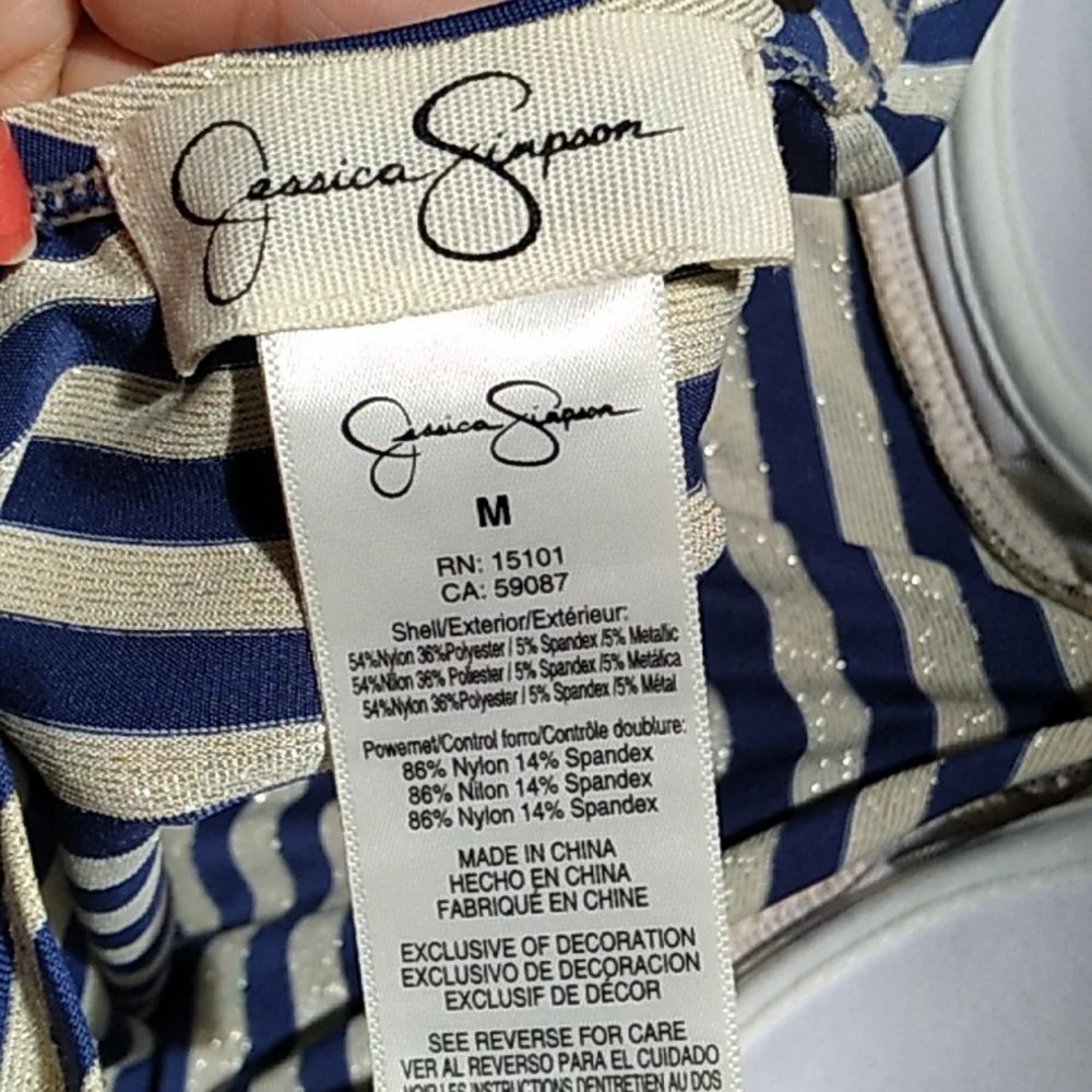 Jessica Simpson Blue/Gold Striped Tie Tankini Swim Top. Size Medium - Picture 11 of 12